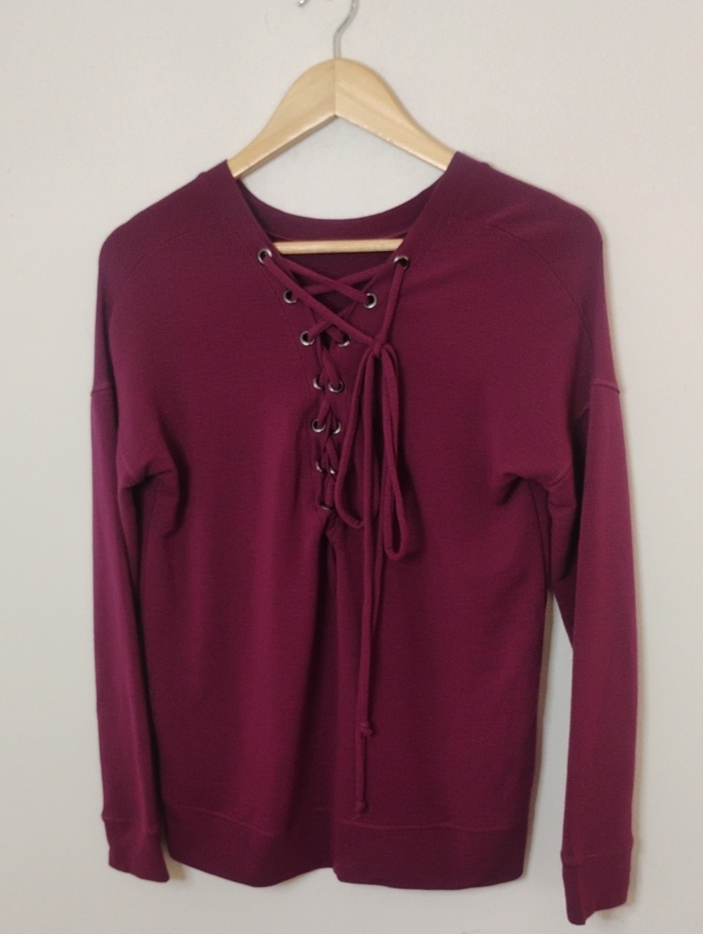 Yogalicious Lace-Up Knit Pullover in Burgundy